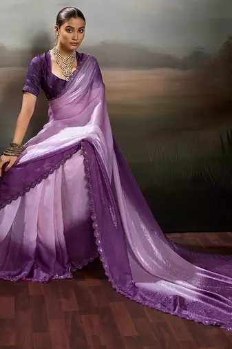 Purple color beautiful satin fabric glamorous bollywood style saree