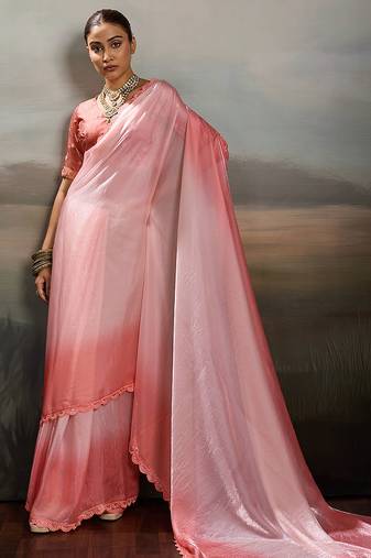 Rose pink color beautiful satin fabric glamorous bollywood style saree