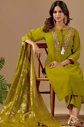 Lime green embroidered mul chanderi kurta pant set with banarasi jacquard dupatta