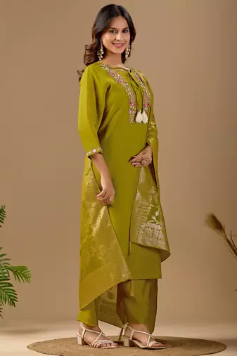 Lime green embroidered mul chanderi kurta pant set with banarasi jacquard dupatta