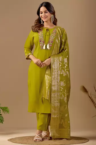 Lime green embroidered mul chanderi kurta pant set with banarasi jacquard dupatta