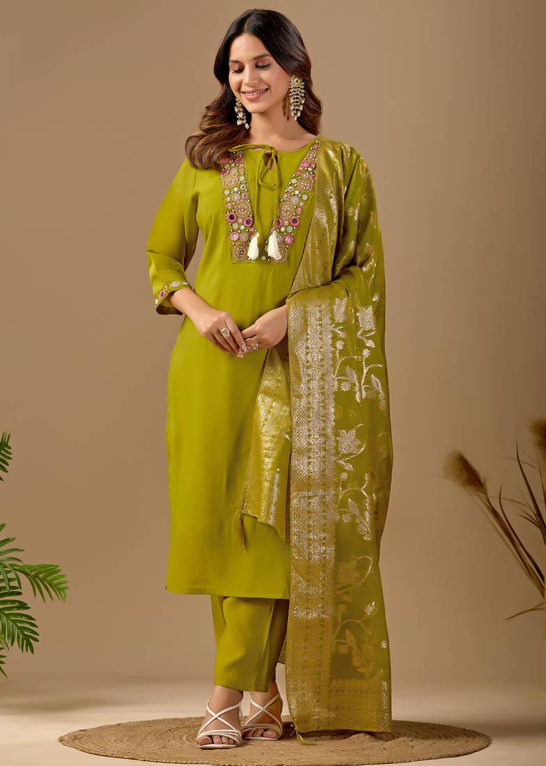 Lime green embroidered mul chanderi kurta pant set with banarasi jacquard dupatta