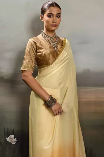 Yellow color beautiful satin fabric glamorous bollywood style saree