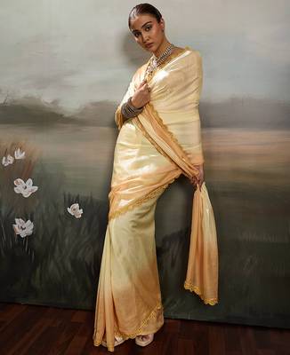 Yellow color beautiful satin fabric glamorous bollywood style saree 4