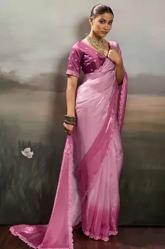 Pink color beautiful satin fabric glamorous bollywood style saree