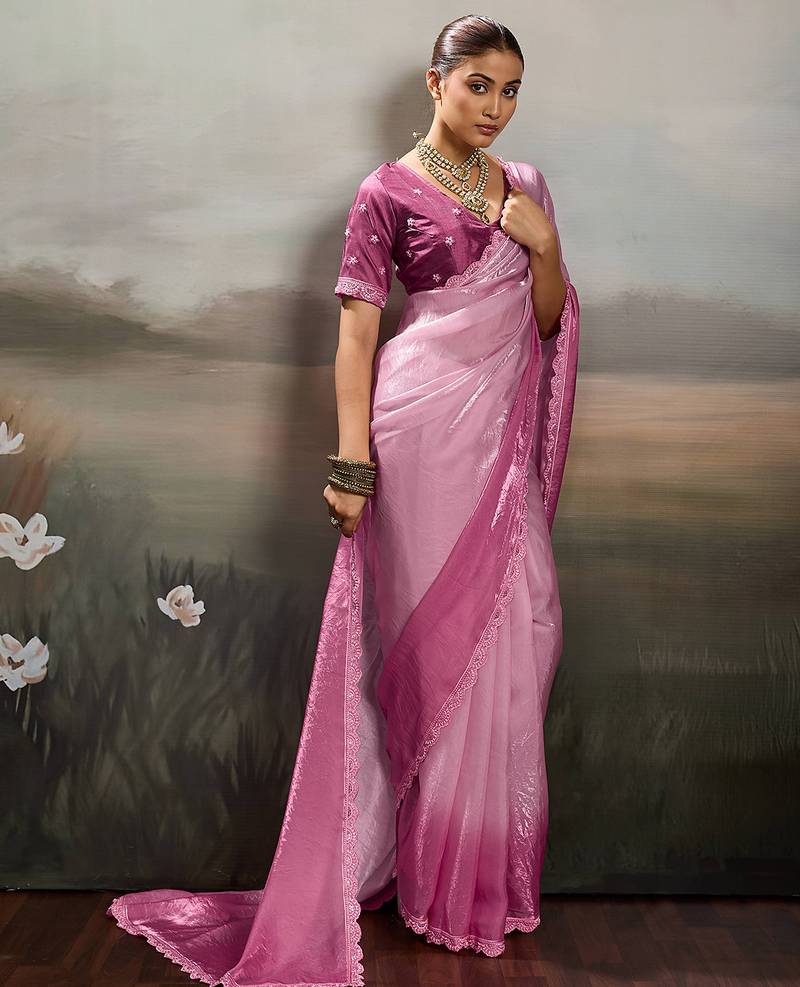 Pink color beautiful satin fabric glamorous bollywood style saree