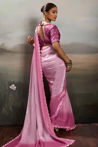 Pink color beautiful satin fabric glamorous bollywood style saree