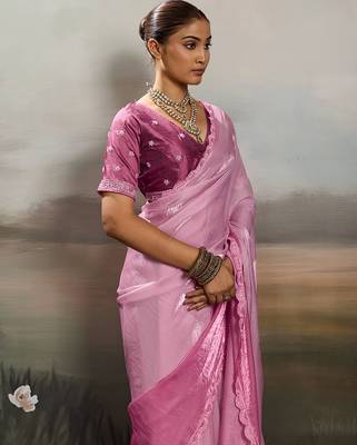 Pink color beautiful satin fabric glamorous bollywood style saree 3