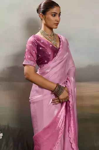 Pink color beautiful satin fabric glamorous bollywood style saree