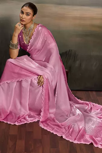 Pink color beautiful satin fabric glamorous bollywood style saree