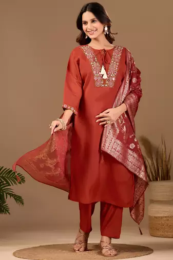 Rust embroidered mul chanderi kurta pant set with banarasi jacquard dupatta
