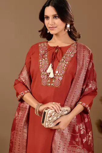 Rust embroidered mul chanderi kurta pant set with banarasi jacquard dupatta