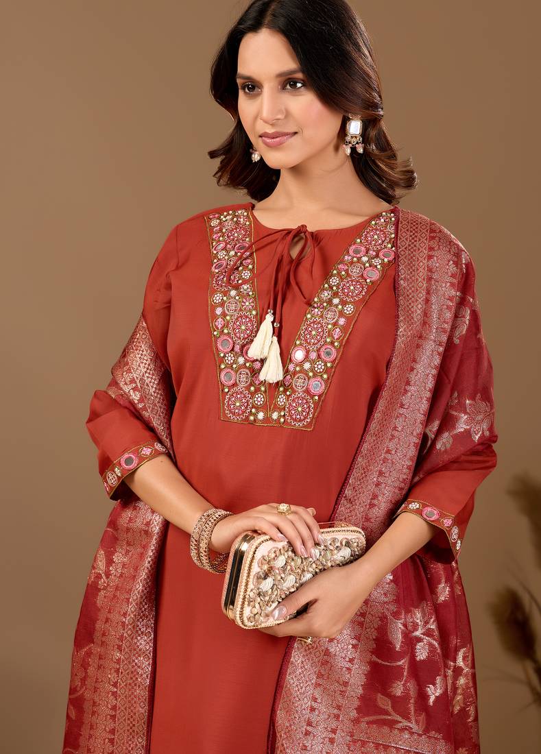 Rust embroidered mul chanderi kurta pant set with banarasi jacquard dupatta