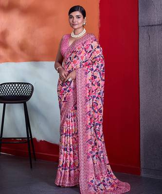 Pink color smart cotton crepe fabric beautiful designer printed saree 1