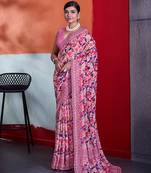 Pink color smart cotton crepe fabric beautiful designer printed saree