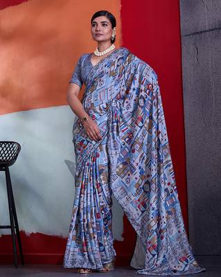 Blue color smart cotton crepe fabric beautiful designer printed saree 1