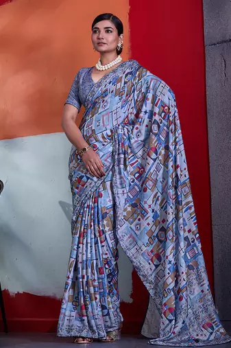 Blue color smart cotton crepe fabric beautiful designer printed saree