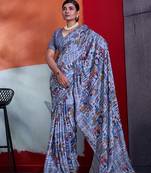 Blue color smart cotton crepe fabric beautiful designer printed saree