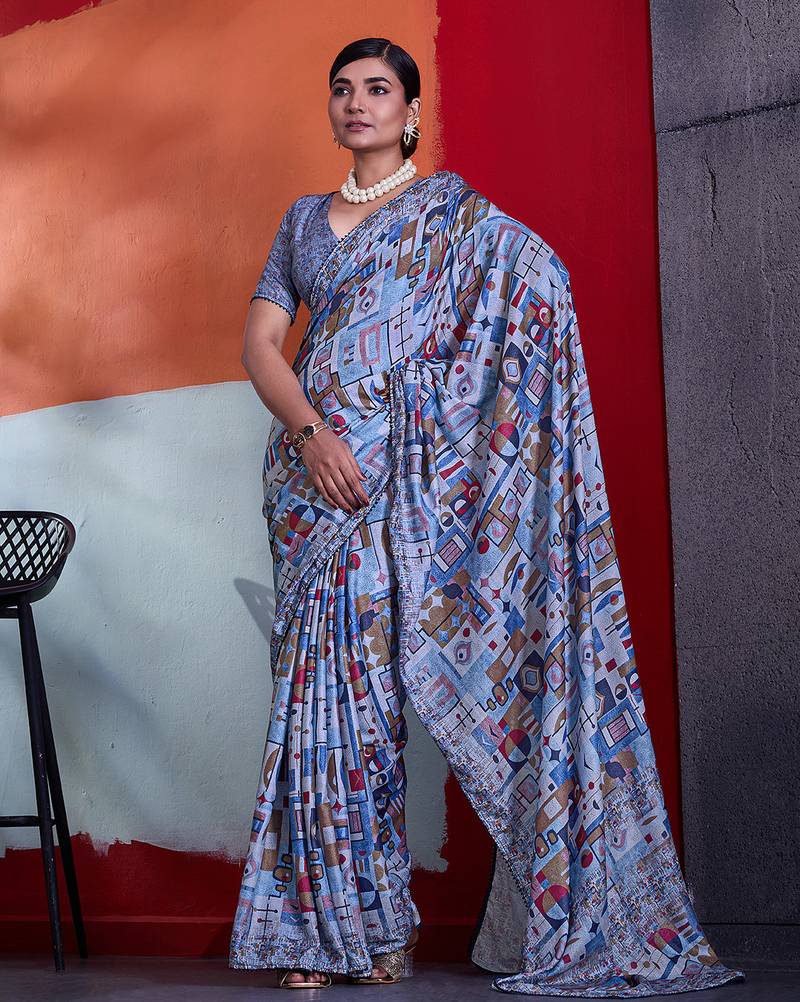 Blue color smart cotton crepe fabric beautiful designer printed saree