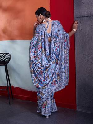 Blue color smart cotton crepe fabric beautiful designer printed saree 2