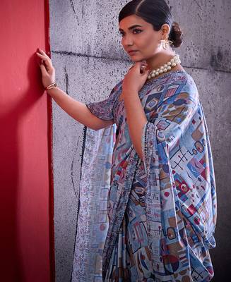 Blue color smart cotton crepe fabric beautiful designer printed saree 3