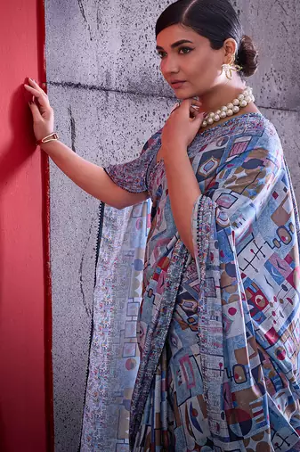 Blue color smart cotton crepe fabric beautiful designer printed saree