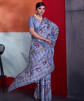 Blue color smart cotton crepe fabric beautiful designer printed saree 4