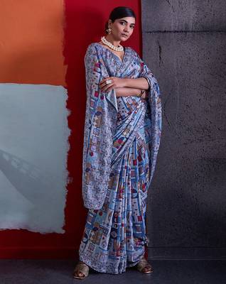 Blue color smart cotton crepe fabric beautiful designer printed saree 5