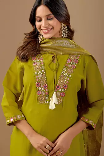 Lime green embroidered mul chanderi kurta pant set with banarasi jacquard dupatta