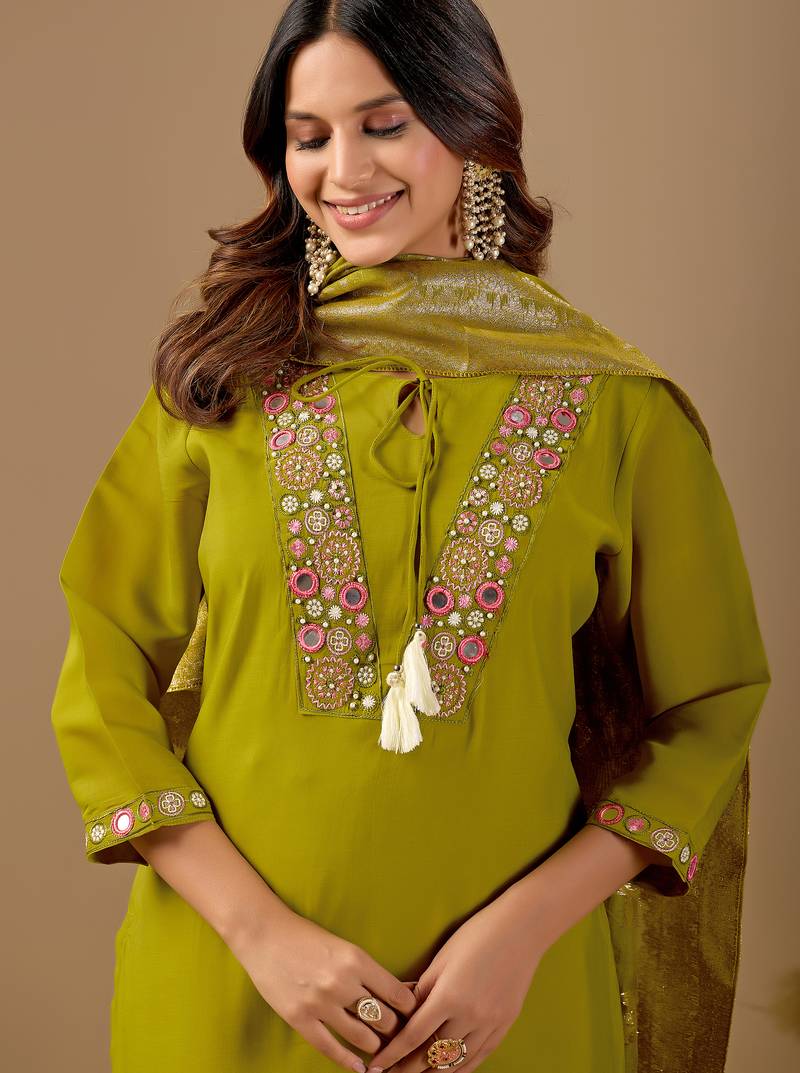 Lime green embroidered mul chanderi kurta pant set with banarasi jacquard dupatta