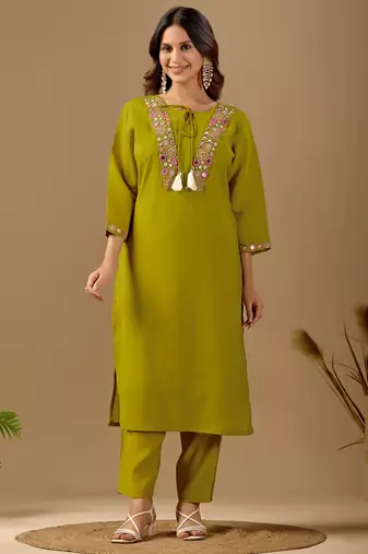 Lime green embroidered mul chanderi kurta pant set with banarasi jacquard dupatta