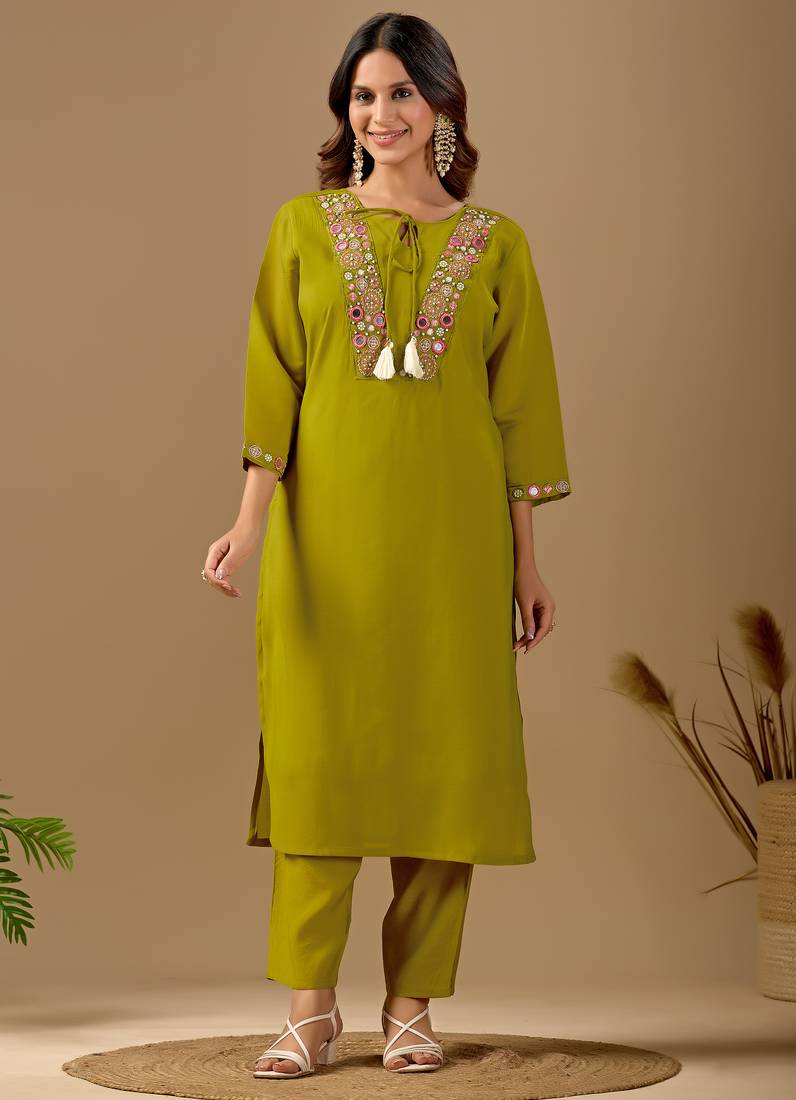 Lime green embroidered mul chanderi kurta pant set with banarasi jacquard dupatta