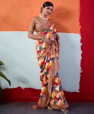 Mustard color smart cotton crepe fabric beautiful designer printed saree 1