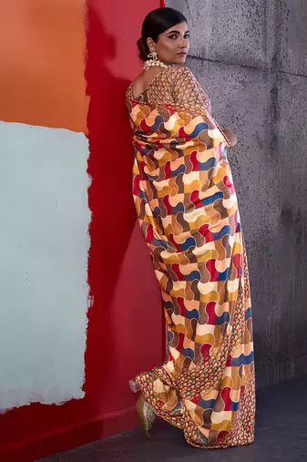 Mustard color smart cotton crepe fabric beautiful designer printed saree