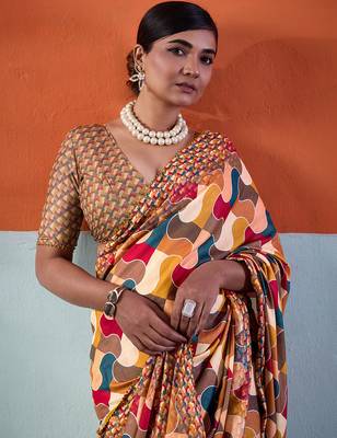 Mustard color smart cotton crepe fabric beautiful designer printed saree 3
