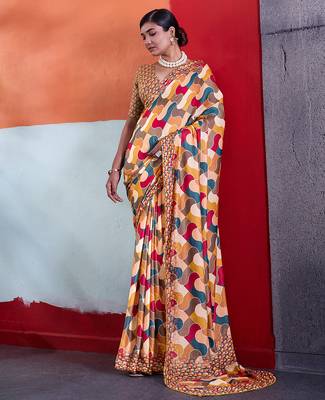 Mustard color smart cotton crepe fabric beautiful designer printed saree 4
