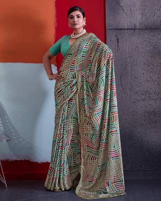 Teal green color smart cotton crepe fabric beautiful designer printed saree 1