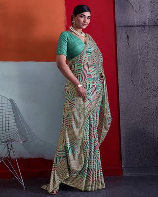 Teal green color smart cotton crepe fabric beautiful designer printed saree 5