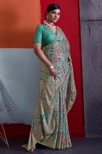 Teal green color smart cotton crepe fabric beautiful designer printed saree