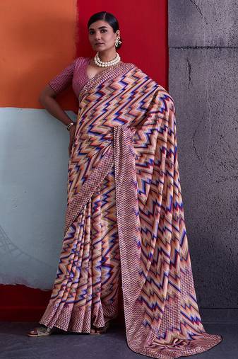Peach color smart cotton crepe fabric beautiful designer printed saree