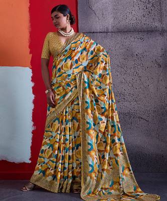 Mustard color smart cotton crepe fabric beautiful designer printed saree 1