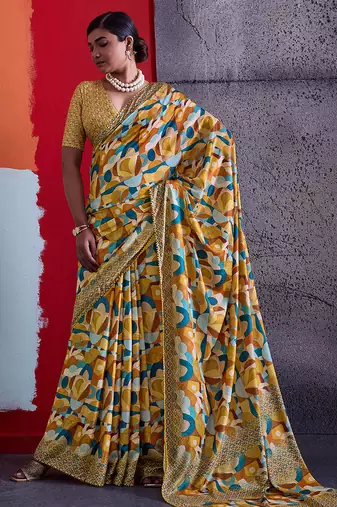 Mustard color smart cotton crepe fabric beautiful designer printed saree