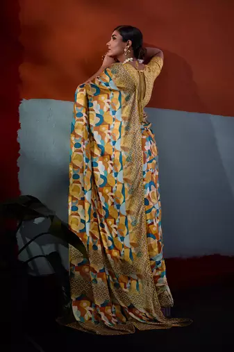 Mustard color smart cotton crepe fabric beautiful designer printed saree
