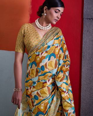 Mustard color smart cotton crepe fabric beautiful designer printed saree 3