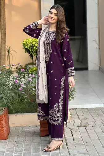women's  georgette sequins embroidered kurta pant with dupatta set