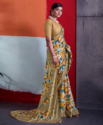 Mustard color smart cotton crepe fabric beautiful designer printed saree 4