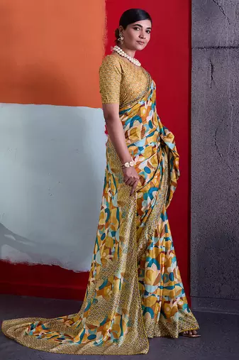 Mustard color smart cotton crepe fabric beautiful designer printed saree