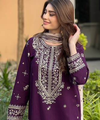 women's  georgette sequins embroidered kurta pant with dupatta set 4