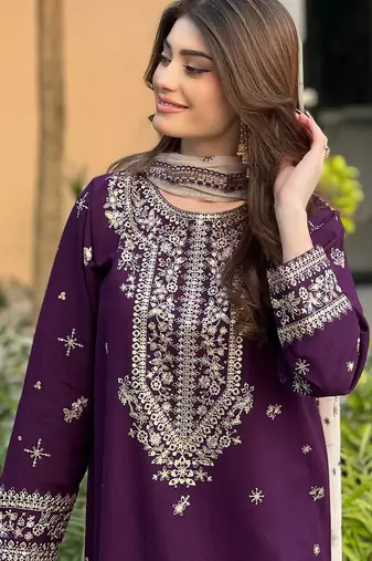 women's  georgette sequins embroidered kurta pant with dupatta set