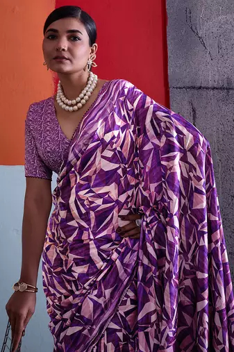 Purple color smart cotton crepe fabric beautiful designer printed saree